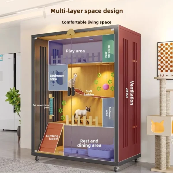Large Luxury Cat Cage Wooden with Glass Door and Light Cat Luxury Villa Cat House